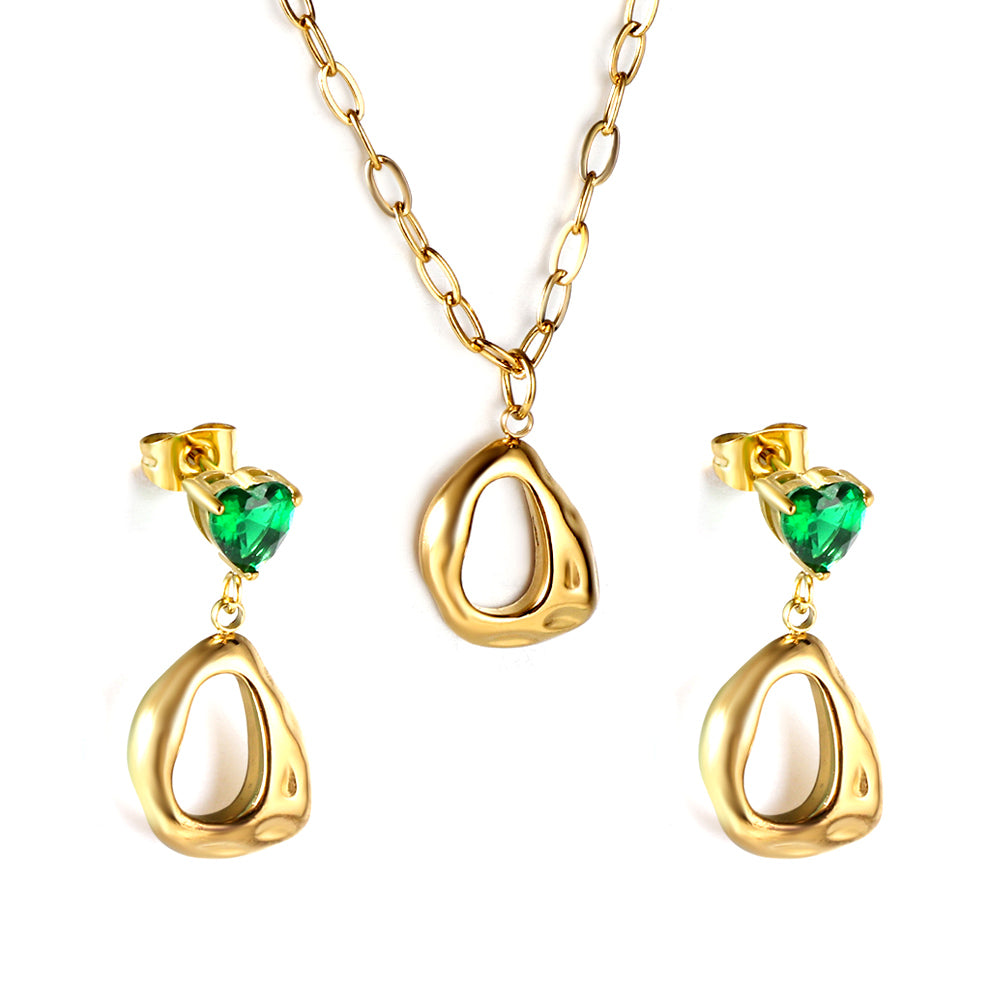 Stud earrings green heart diamond with shaped circle set steel color / gold color asonjewelry